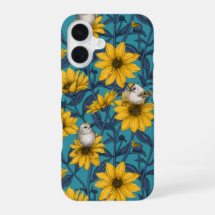 Wild sunflowers and goldcrest birds/ yellow iPhone 16 case