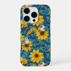 Wild sunflowers and goldcrest birds/ yellow iPhone 16 pro case
