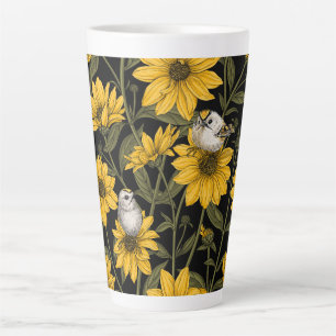 Wild sunflowers and goldcrest birds/ yellow  latte mug