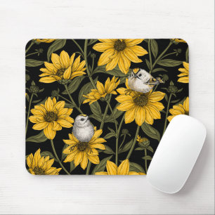 Wild sunflowers and goldcrest birds/ yellow mouse mat