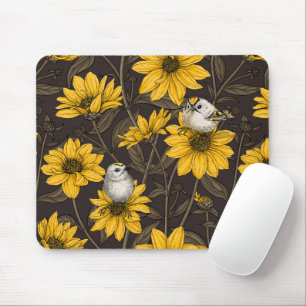 Wild sunflowers and goldcrest birds/ yellow mouse mat