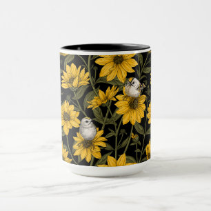 Wild sunflowers and goldcrest birds/ yellow mug