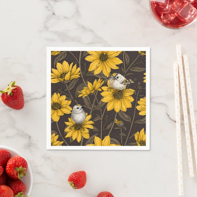 Wild sunflowers and goldcrest birds/ yellow  napkin (Insitu)