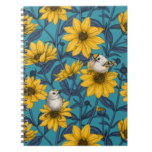 Wild sunflowers and goldcrest birds/yellow notebook