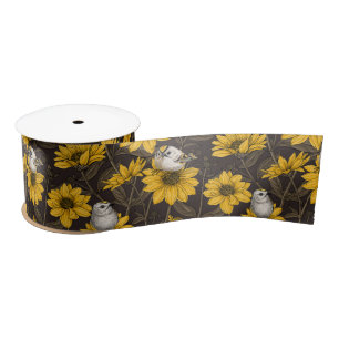 Wild sunflowers and goldcrest birds/ yellow  satin ribbon