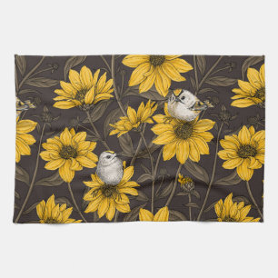 Wild sunflowers and goldcrest birds/ yellow  tea towel