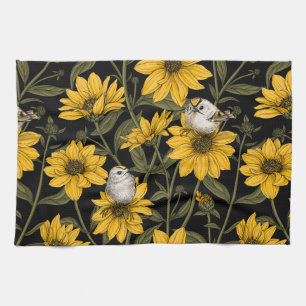 Wild sunflowers and goldcrest birds/ yellow  tea towel