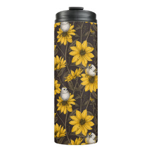 Wild sunflowers and goldcrest birds/ yellow thermal tumbler