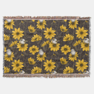 Wild sunflowers and goldcrest birds/ yellow throw blanket