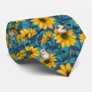 Wild sunflowers and goldcrest birds/ yellow tie