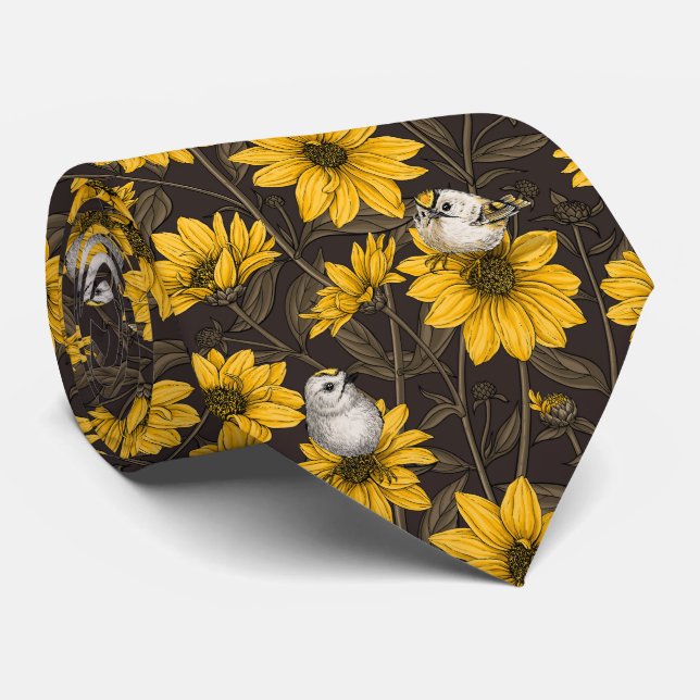 Wild sunflowers and goldcrest birds/ yellow tie (Rolled)