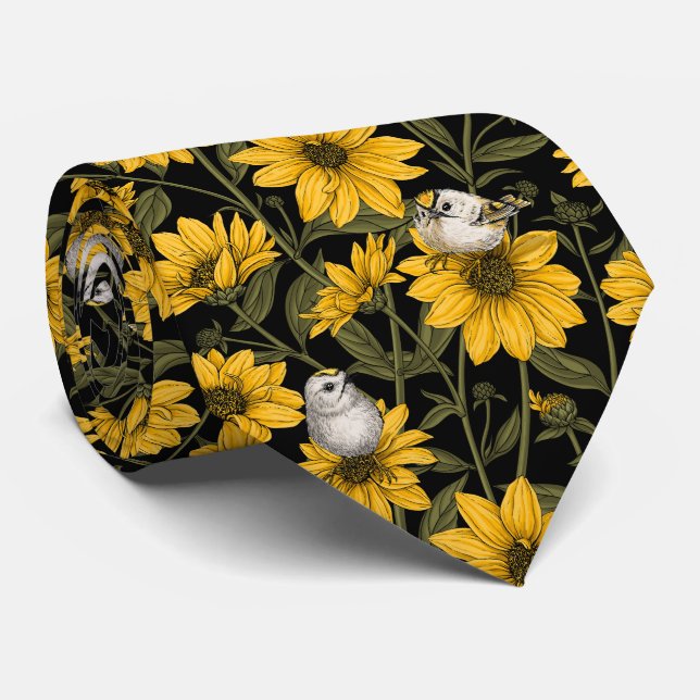 Wild sunflowers and goldcrest birds/ yellow tie (Rolled)