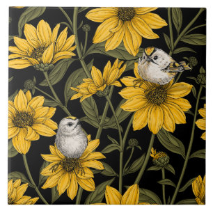 Wild sunflowers and goldcrest birds/ yellow  tile