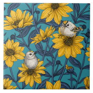 Wild sunflowers and goldcrest birds/ yellow tile
