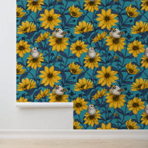 Wild sunflowers and goldcrest birds/yellow wallpaper