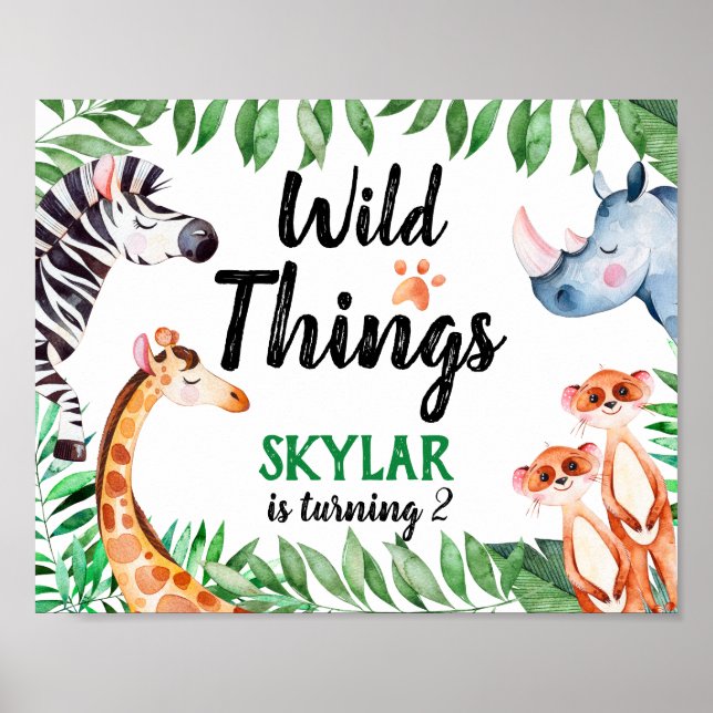Wild Things Animal Kids Birthday Party Watercolor Poster (Front)