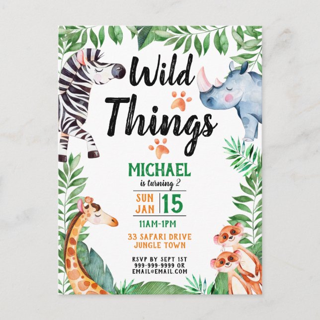 Wild Things Safari Animal Kids Birthday Invitation Postcard (Front)