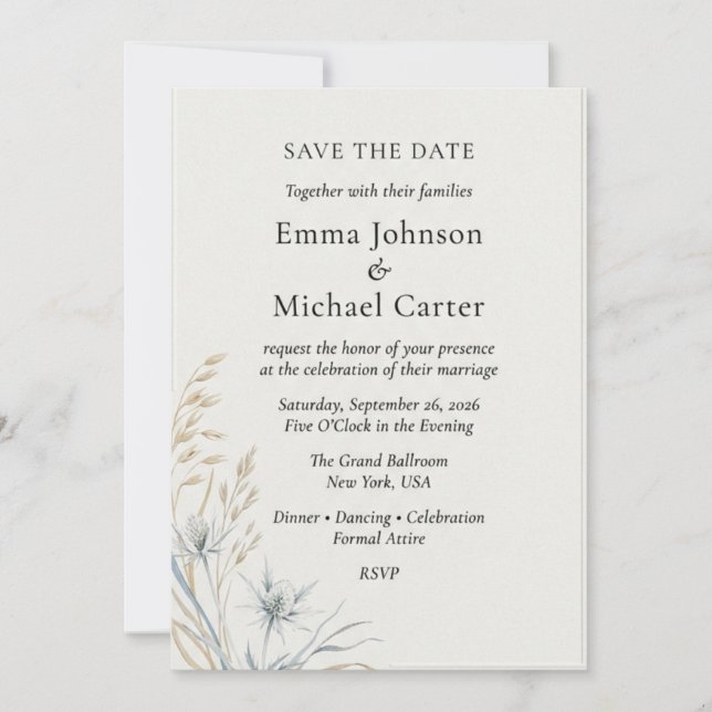 Wild Thistle & Wheat Botanical Elegant Save Invitation (Front)