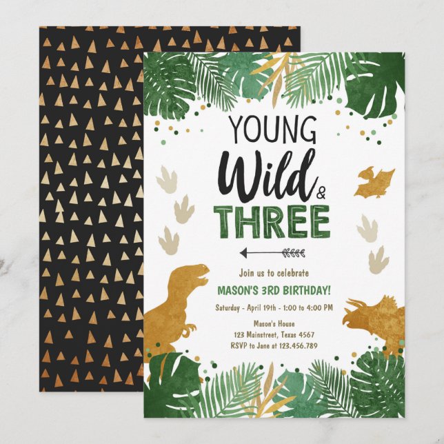 Wild Three Dino Party Boy Gold Dinosaur Birthday Invitation (Front/Back)