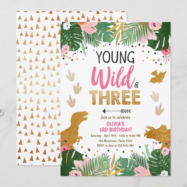 Wild Three Dino Party Girl Pink Dinosaur Birthday Invitation (Front/Back)
