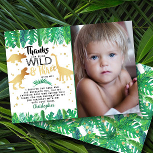 Wild & Three Dinosaur Boys Third Birthday Photo Thank You Card