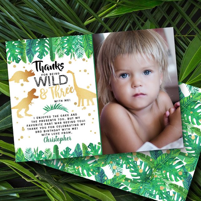 Wild & Three Dinosaur Boys Third Birthday Photo Thank You Card (Creator Uploaded)