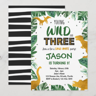 Wild Three Golden Dinosaur 3rd Birthday Invitation