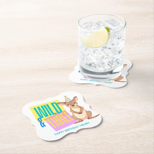 Wild & Three Kangaroo 3rd Birthday Paper Coaster (Insitu)