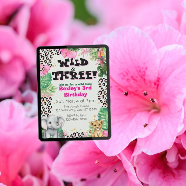 Wild & Three Pink Jungle Birthday Invitation (Creator Uploaded)