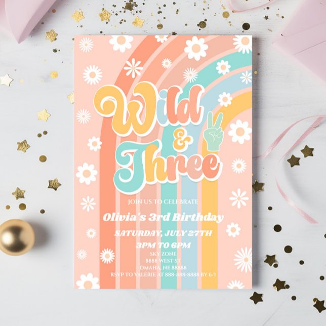 Wild & Three Rainbow Daisy 3rd Birthday Party Invitation (Creator Uploaded)