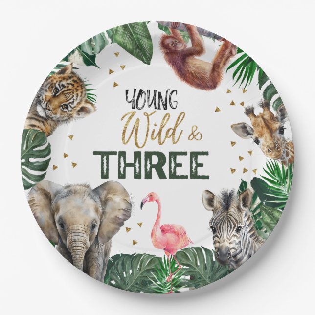 Wild & Three Safari birthday invitation Paper Plate (Front)