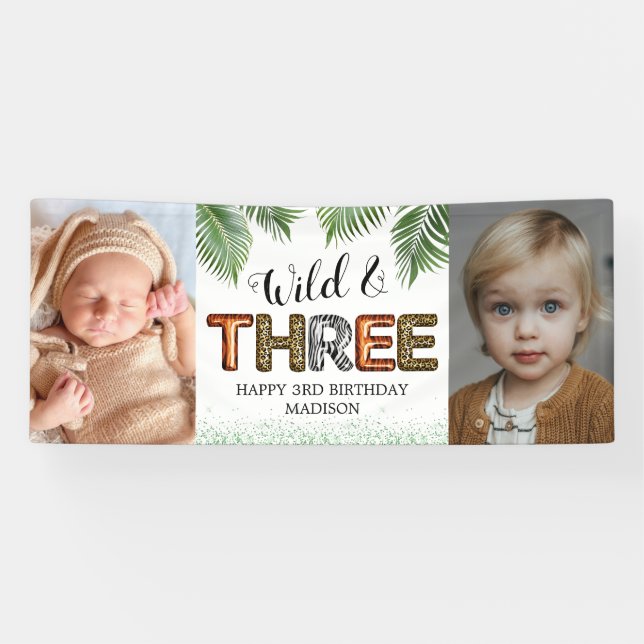 Wild Three Safari Jungle 3rd Birthday Photo Banner (Horizontal)