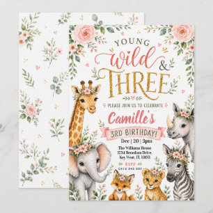 Wild Three Safari Watercolor Floral 3rd Birthday Invitation