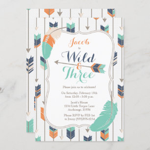 Wild Three Tribal Arrows Birthday Party Blue Green Invitation