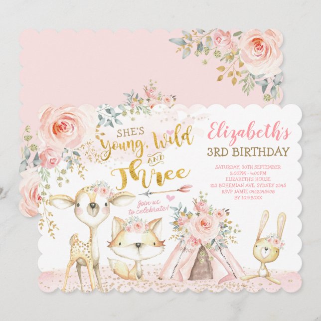 Wild & Three Tribal Woodland Animals 3rd Birthday Invitation (Front/Back)