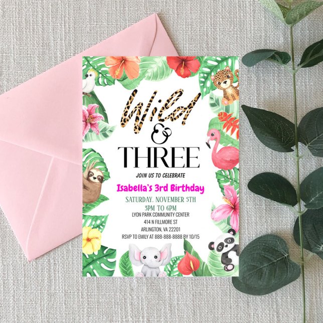 Wild & Three Tropical Animal 3rd Birthday Party In Invitation (Creator Uploaded)