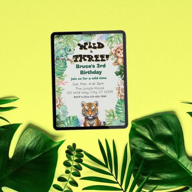 Wild & Three, Watercolor Jungle Birthday Invitation (Creator Uploaded)