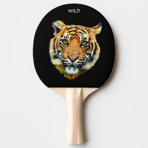 Wild Tiger Animal Face on Black Ping Pong Paddle