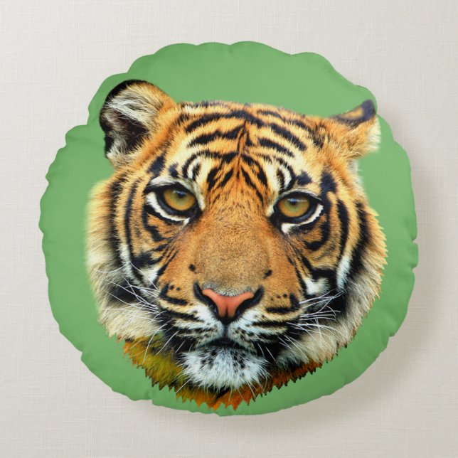 Wild Tiger Animal Face on Green Round Cushion (Front)
