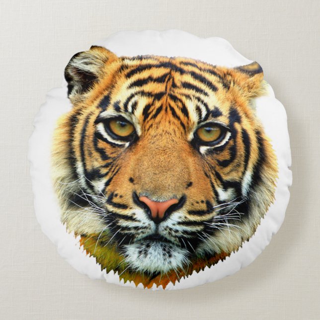 Wild Tiger Animal Face on White Round Cushion (Front)
