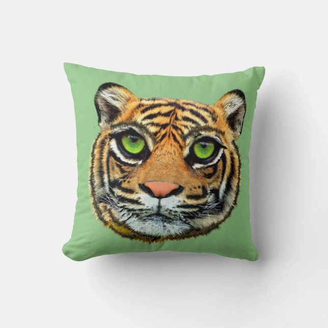 Wild Tiger Face on Green Throw Pillow (Front)