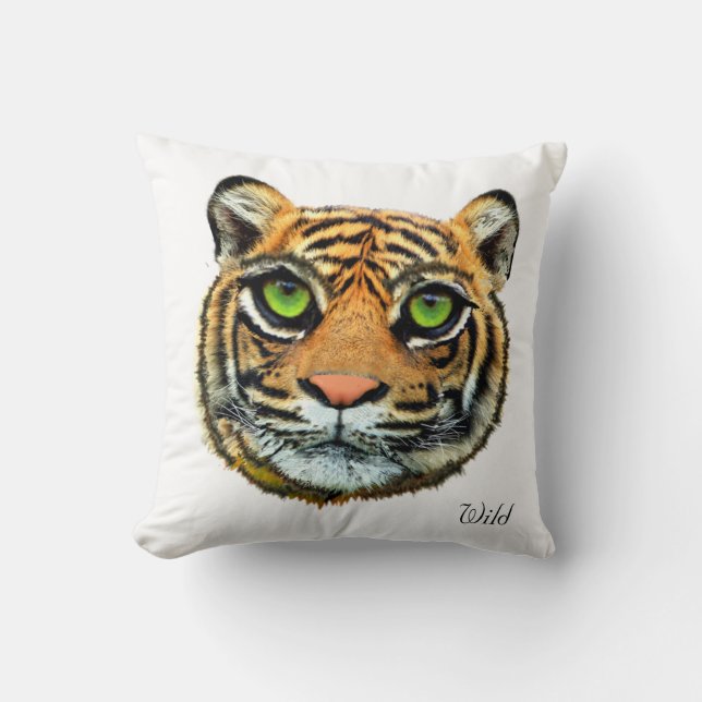 Wild Tiger Face on White Throw Pillow (Front)