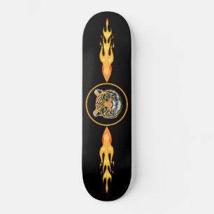 Wild tiger, flames on black Skateboard