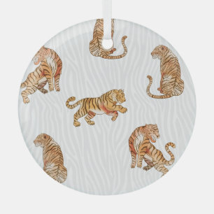 Wild Tigers: Watercolor Animal Pattern. Glass Tree Decoration