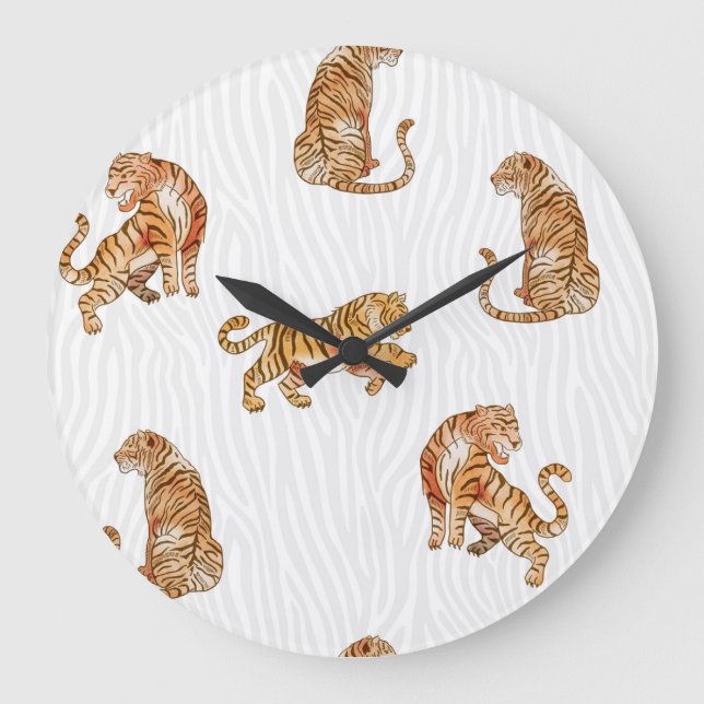 Wild Tigers: Watercolor Animal Pattern. Large Clock (Front)