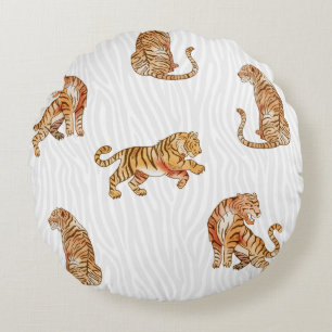 Wild Tigers: Watercolor Animal Pattern. Round Cushion