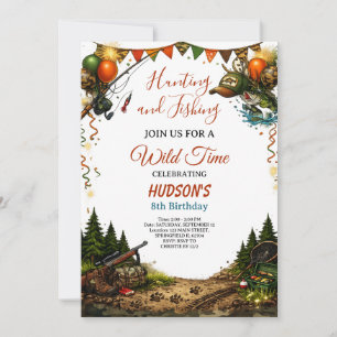 Wild Time Hunting and Fishing Boys 8th Birthday  Invitation