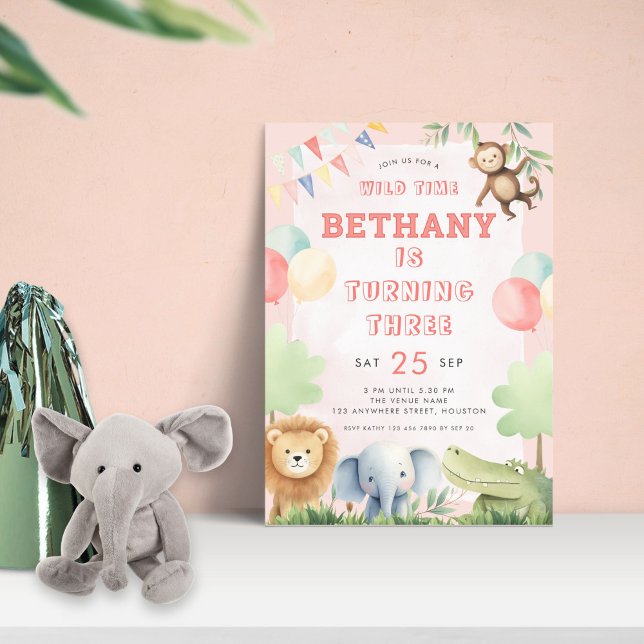 Wild Time Jungle 3rd Birthday Party Pink Invitation (Creator Uploaded)