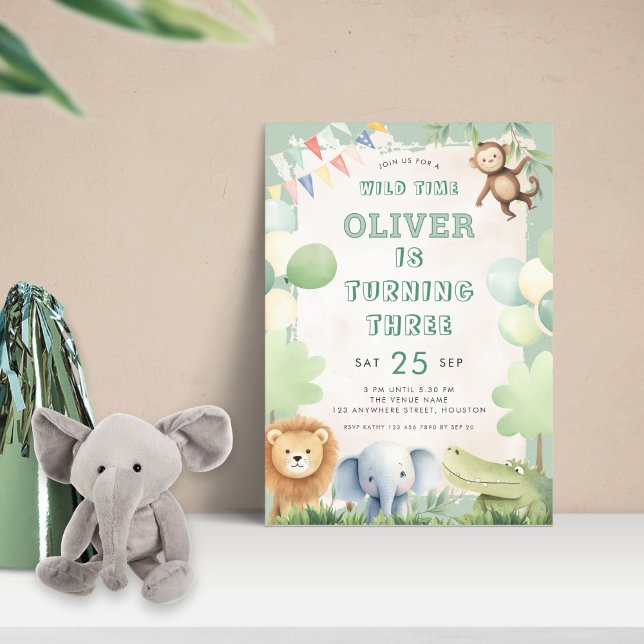 Wild Time Jungle 3rd Birthday Party Sage Invitation (Creator Uploaded)