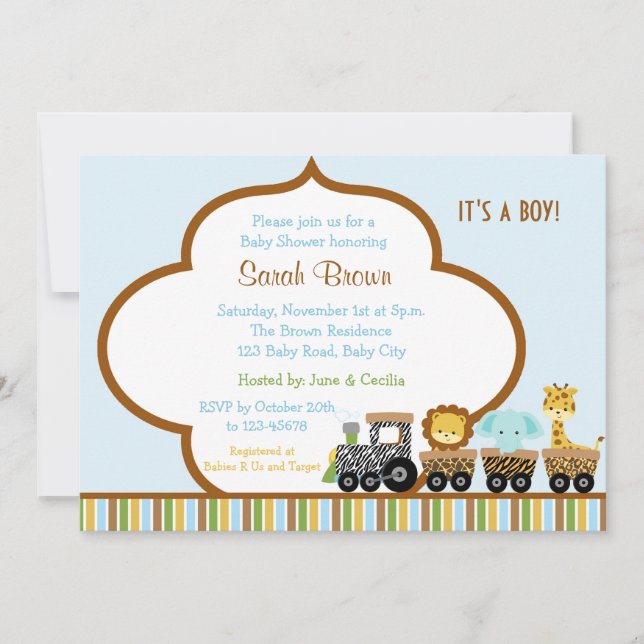 Wild Train Safari Animals Invitation for Boys (Front)